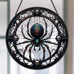 gothic spider with skulls stained glass suncatcher window hanging, suitable for home and garden decoration.