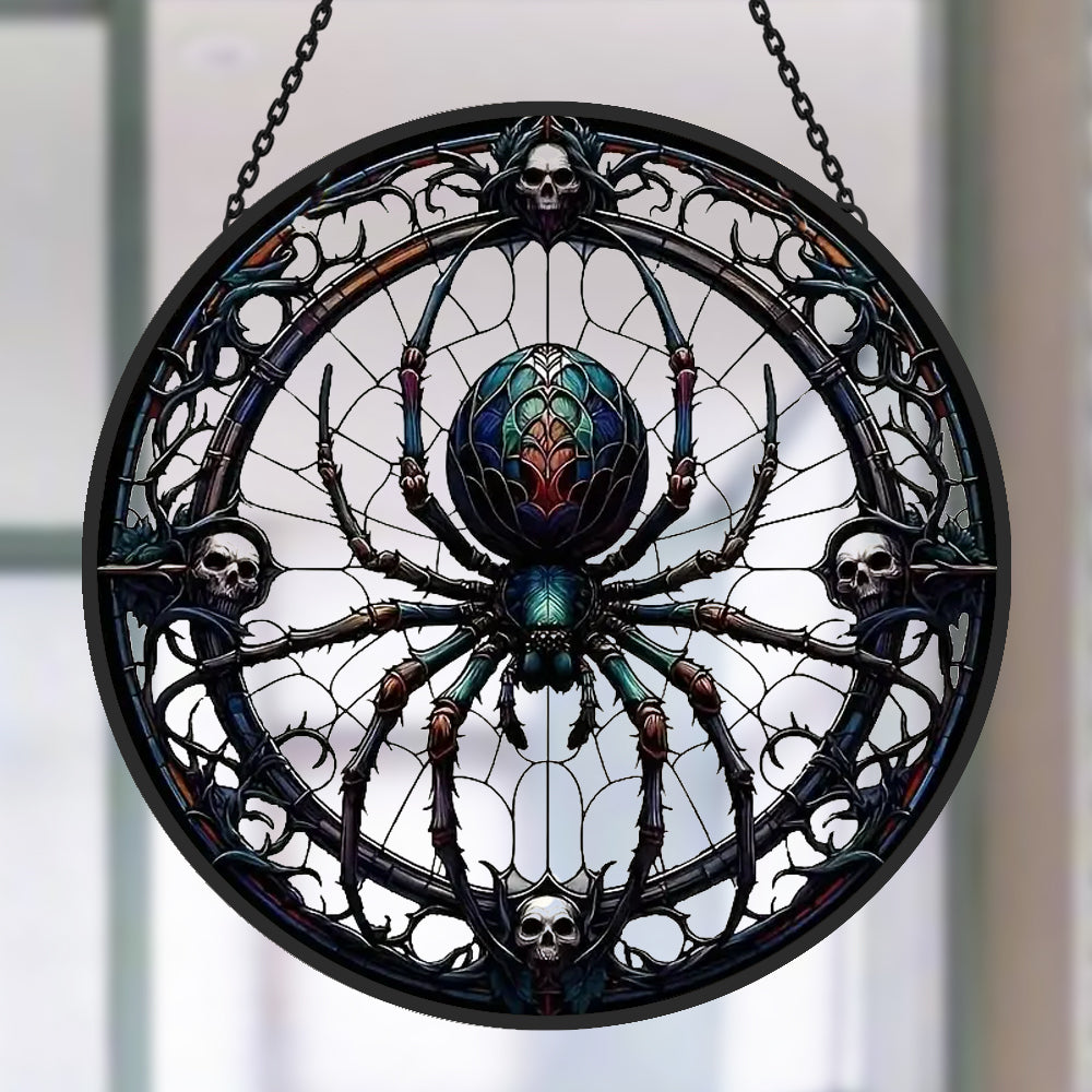 gothic spider with skulls stained glass suncatcher window hanging, suitable for home and garden decoration.