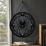 Gothic spider with skulls stained glass suncatcher window hanging, suitable for home and garden decoration