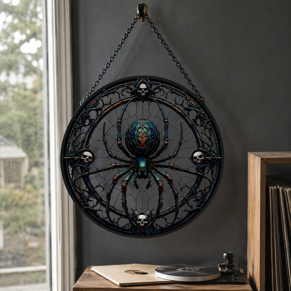 Gothic spider with skulls stained glass suncatcher window hanging, suitable for home and garden decoration