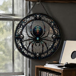 Gothic spider with skulls stained glass suncatcher window hanging, suitable for home and garden decoration