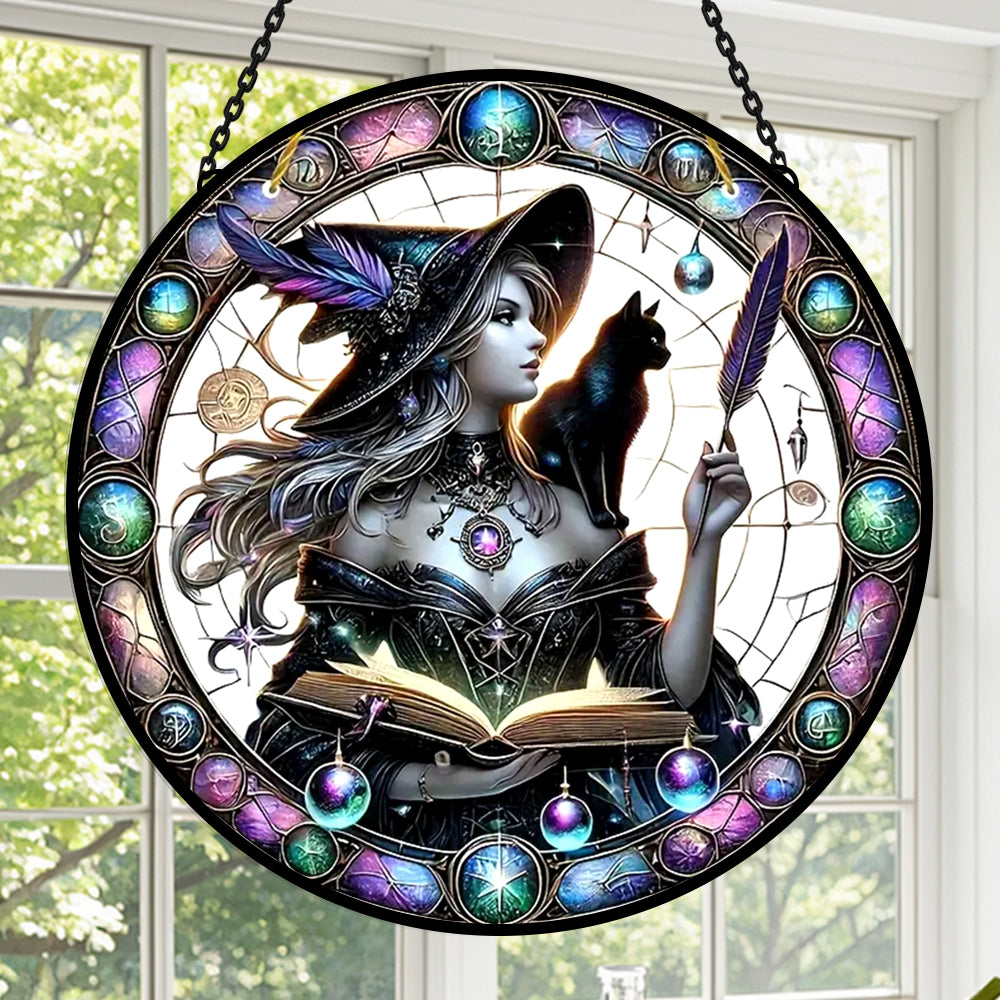 Gothic witch and black cat stained glass suncatcher window hanging, suitable for home and garden decoration