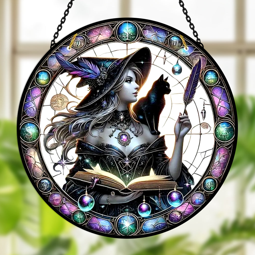 Gothic witch and black cat stained glass suncatcher window hanging, suitable for home and garden decoration