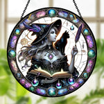 Gothic witch and black cat stained glass suncatcher window hanging, suitable for home and garden decoration