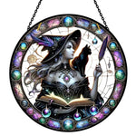 Gothic witch and black cat stained glass suncatcher window hanging, suitable for home and garden decoration