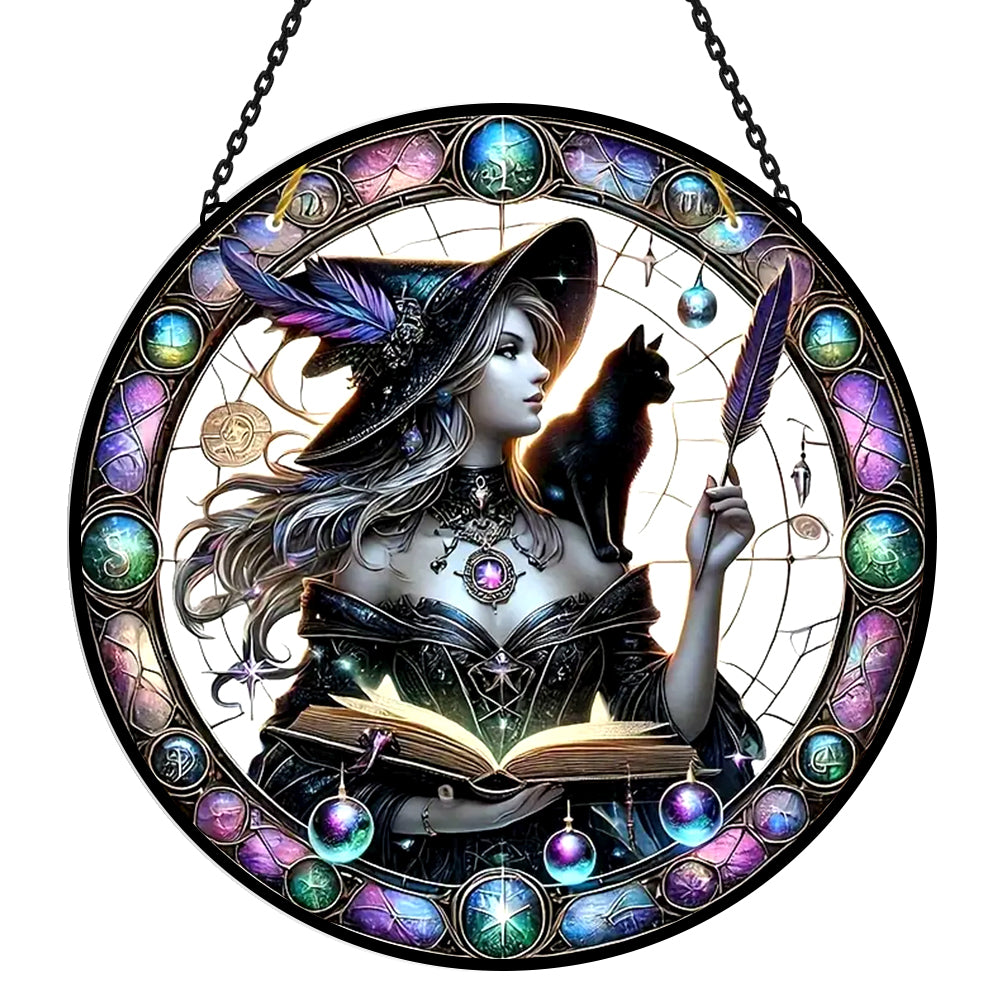 Gothic witch and black cat stained glass suncatcher window hanging, suitable for home and garden decoration
