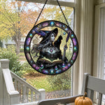 Gothic witch and black cat stained glass suncatcher window hanging, suitable for home and garden decoration