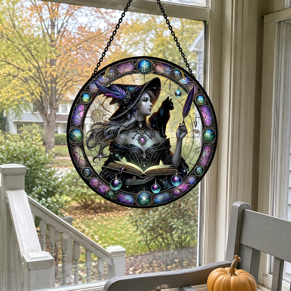 Gothic witch and black cat stained glass suncatcher window hanging, suitable for home and garden decoration