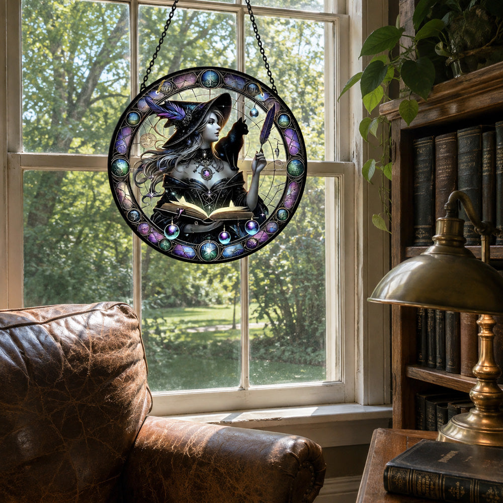 Gothic witch and black cat stained glass suncatcher window hanging, suitable for home and garden decoration