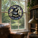 Gothic witch and black cat stained glass suncatcher window hanging, suitable for home and garden decoration