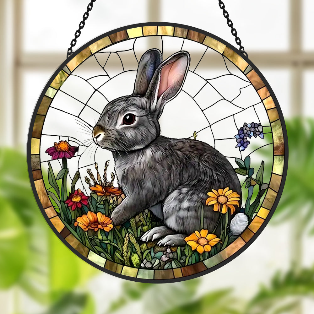 Gray bunny rabbit stained glass suncatcher window hanging, suitable for home and garden decoration