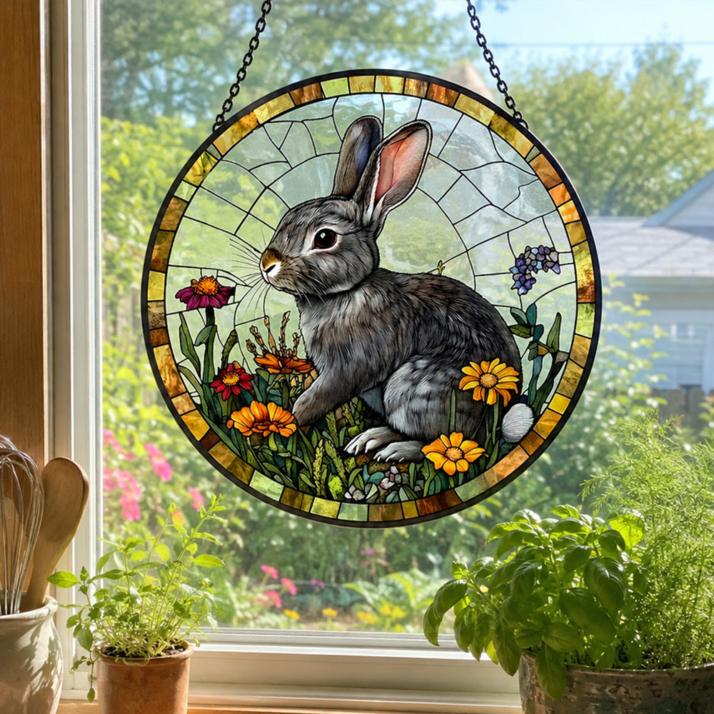 Gray bunny rabbit stained glass suncatcher window hanging, suitable for home and garden decoration