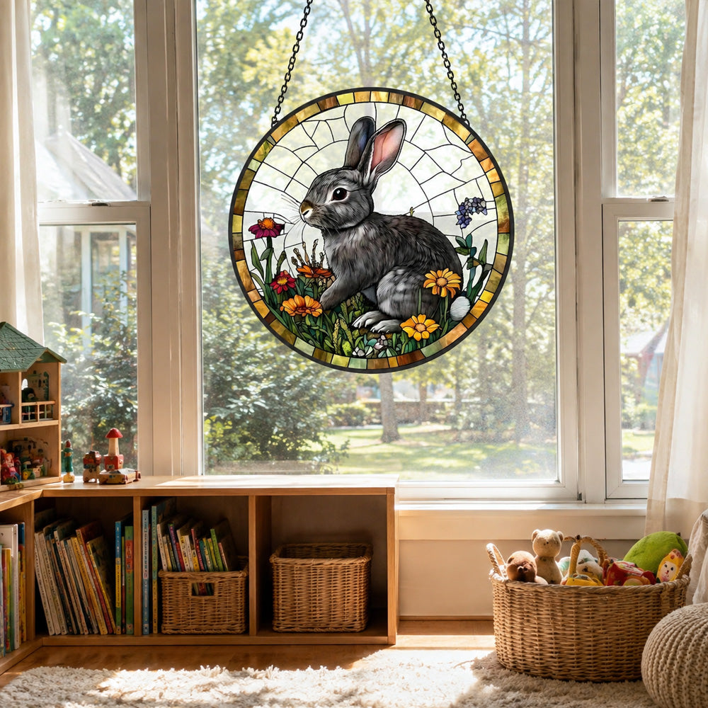 Gray bunny rabbit stained glass suncatcher window hanging, suitable for home and garden decoration