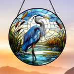Great blue heron cattail swamp stained glass suncatcher window hanging, suitable for home and garden decoration