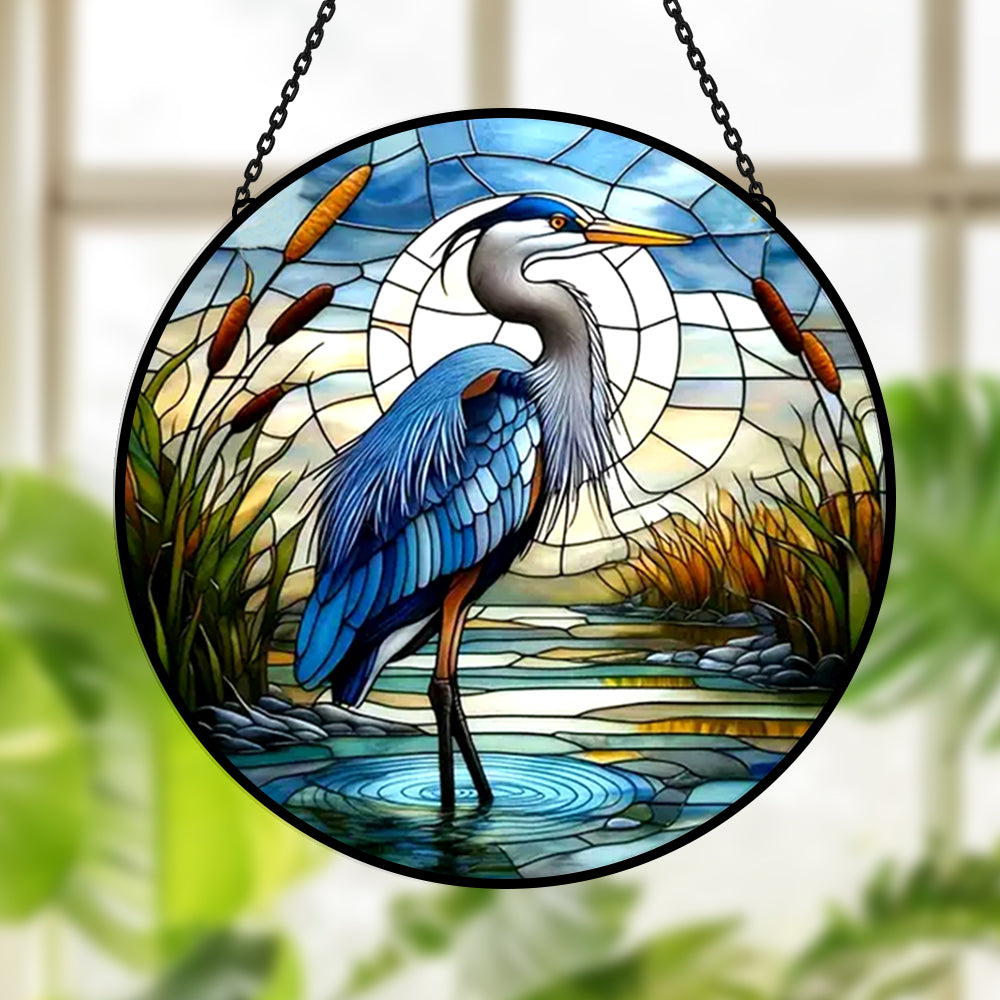Great blue heron cattail swamp stained glass suncatcher window hanging, suitable for home and garden decoration