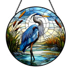 Great blue heron cattail swamp stained glass suncatcher window hanging, suitable for home and garden decoration