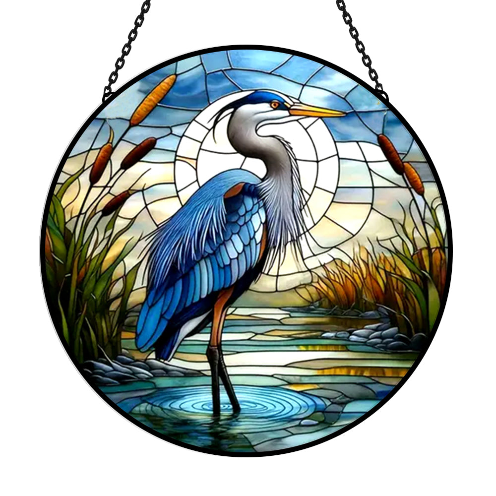 Great blue heron cattail swamp stained glass suncatcher window hanging, suitable for home and garden decoration