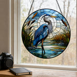 Great blue heron cattail swamp stained glass suncatcher window hanging, suitable for home and garden decoration