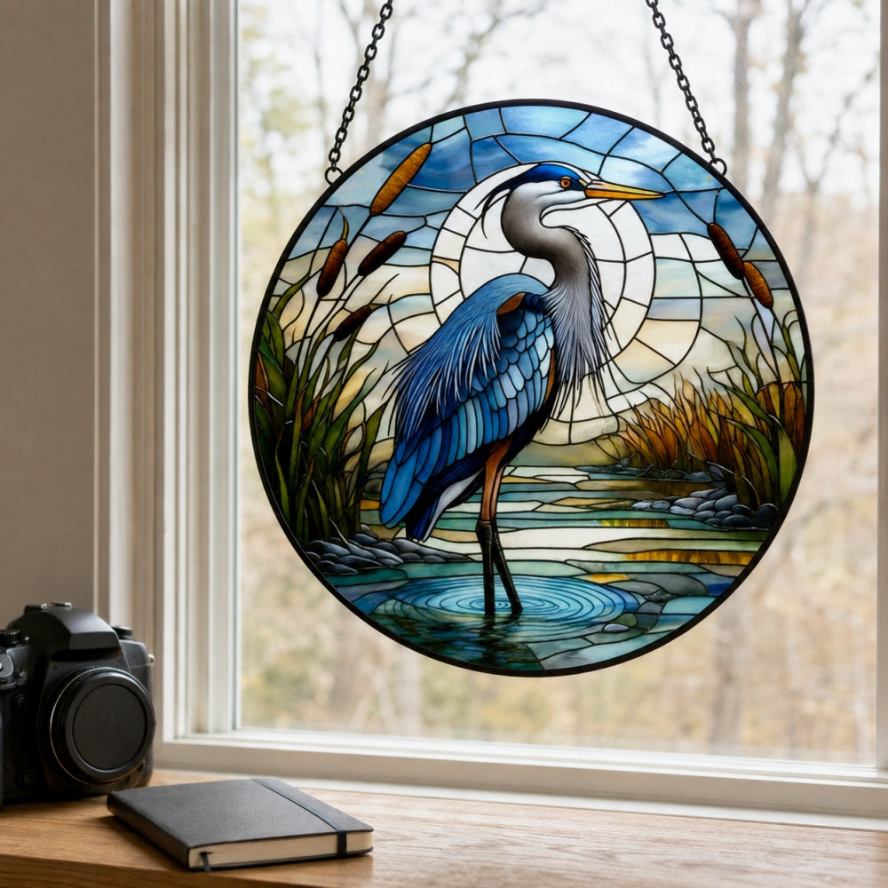Great blue heron cattail swamp stained glass suncatcher window hanging, suitable for home and garden decoration