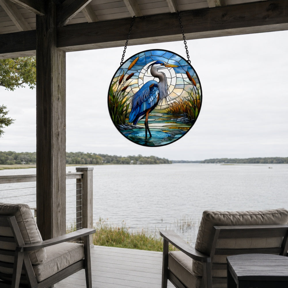 Great blue heron cattail swamp stained glass suncatcher window hanging, suitable for home and garden decoration