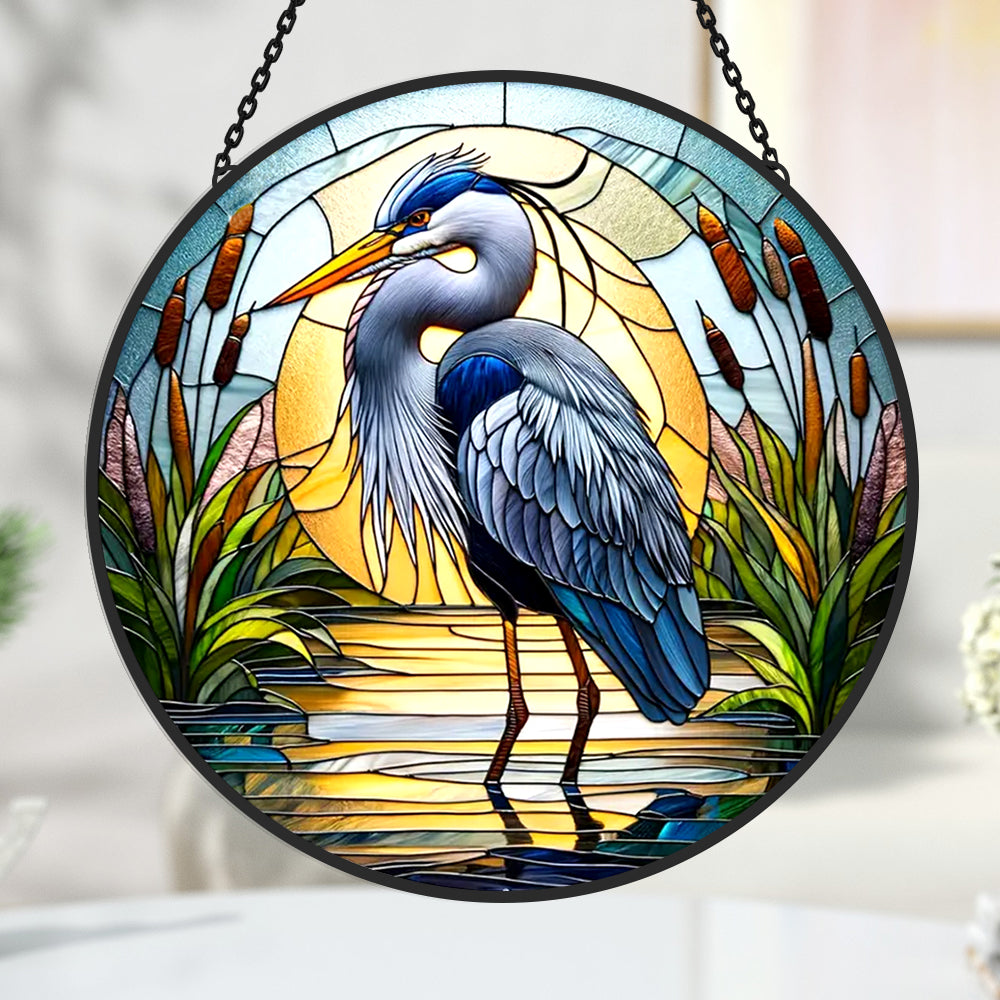 Great blue heron nature stained glass suncatcher window hanging, suitable for home and garden decoration
