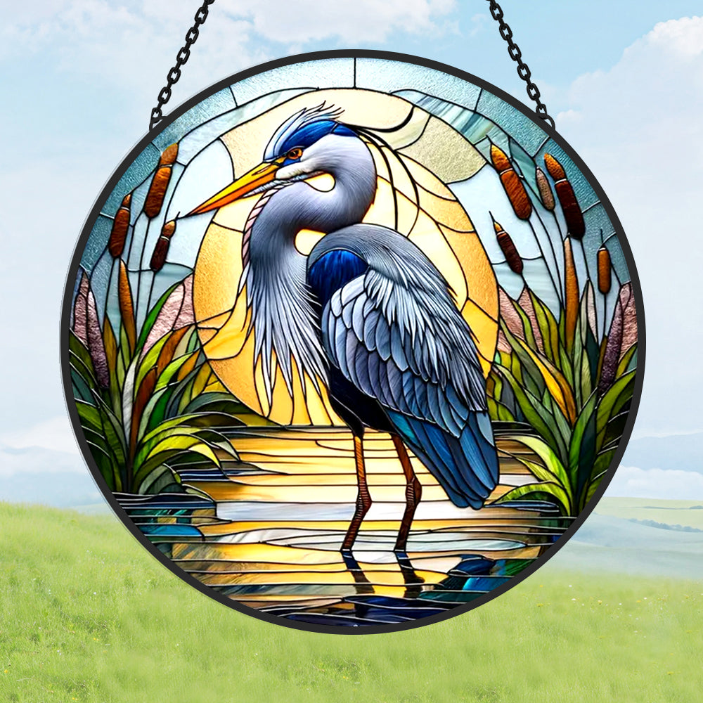 Great blue heron nature stained glass suncatcher window hanging, suitable for home and garden decoration