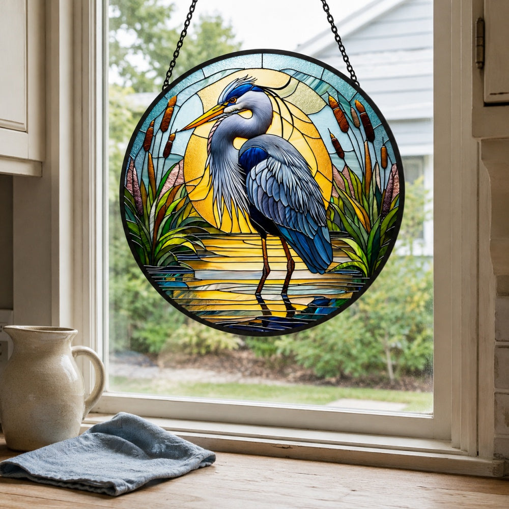 Great blue heron nature stained glass suncatcher window hanging, suitable for home and garden decoration