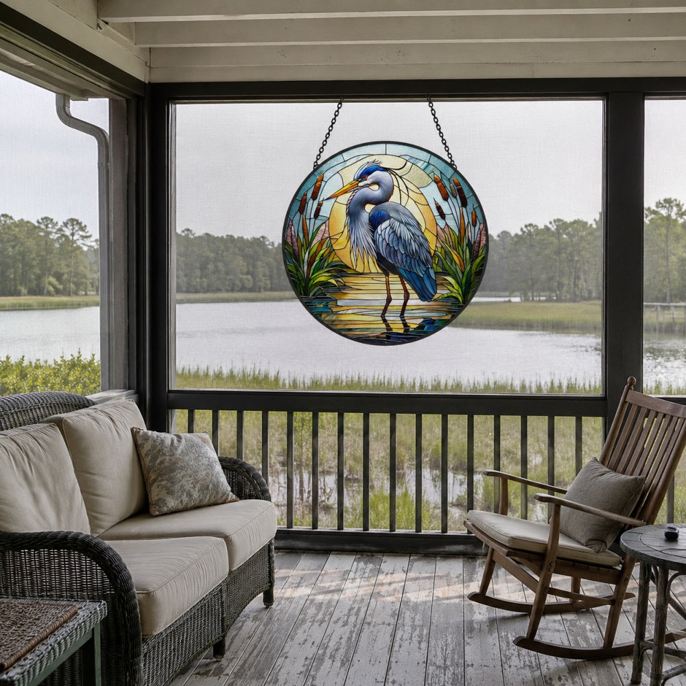 Great blue heron nature stained glass suncatcher window hanging, suitable for home and garden decoration