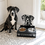 Personalized great dane metal dog bowl stand with custom name cutout and two removable feeding bowls