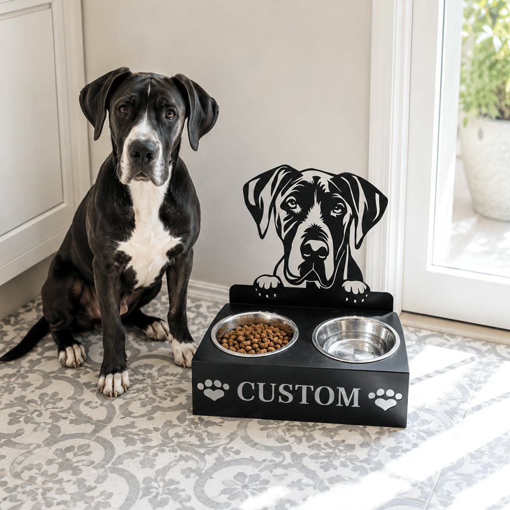 Personalized great dane metal dog bowl stand with custom name cutout and two removable feeding bowls