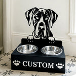 Personalized great dane metal dog bowl stand with custom name cutout and two removable feeding bowls