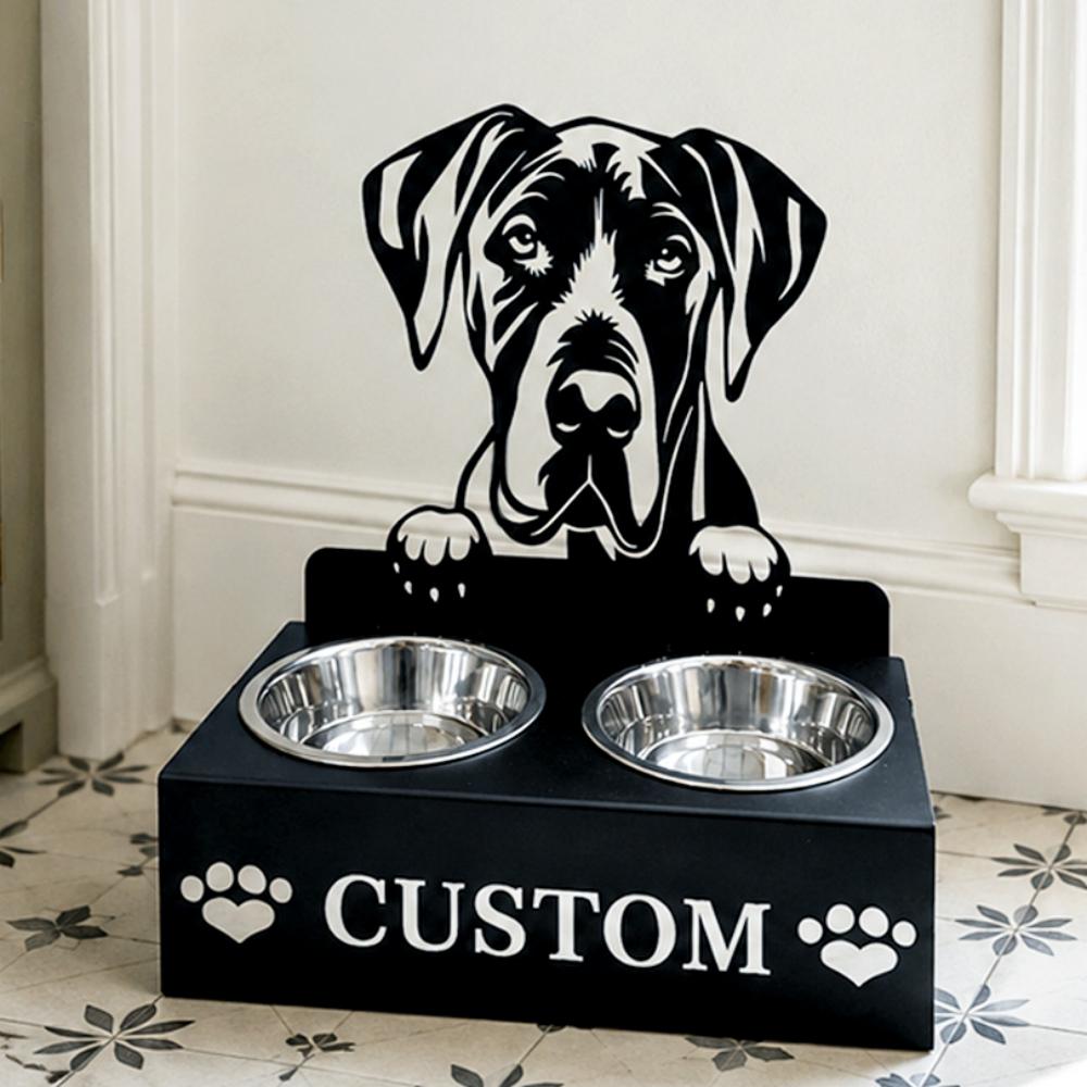 Personalized great dane metal dog bowl stand with custom name cutout and two removable feeding bowls