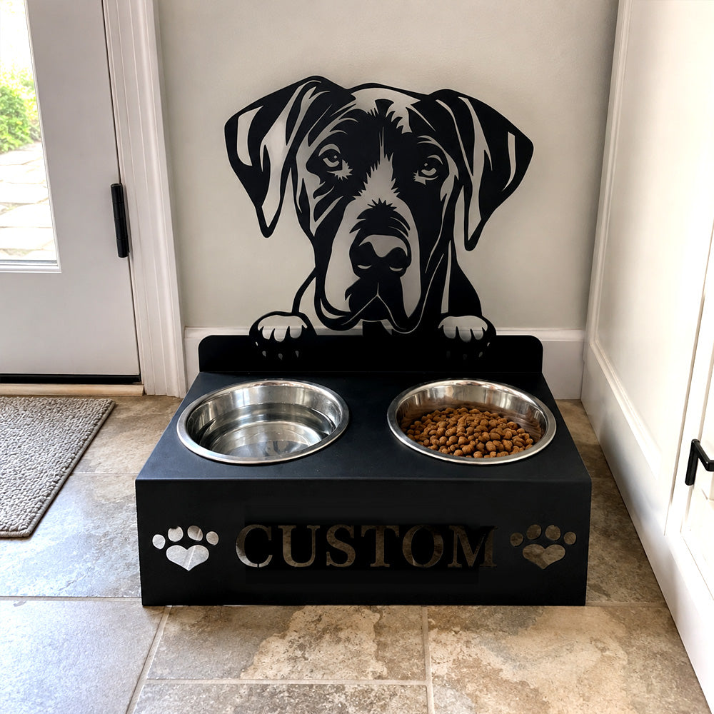 Personalized great dane metal dog bowl stand with custom name cutout and two removable feeding bowls