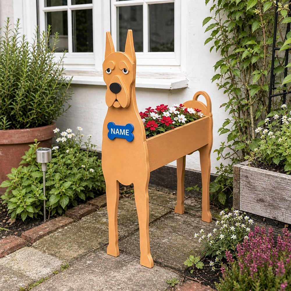 Great Dane dog planter filled with fresh flowers is placed in the garden.