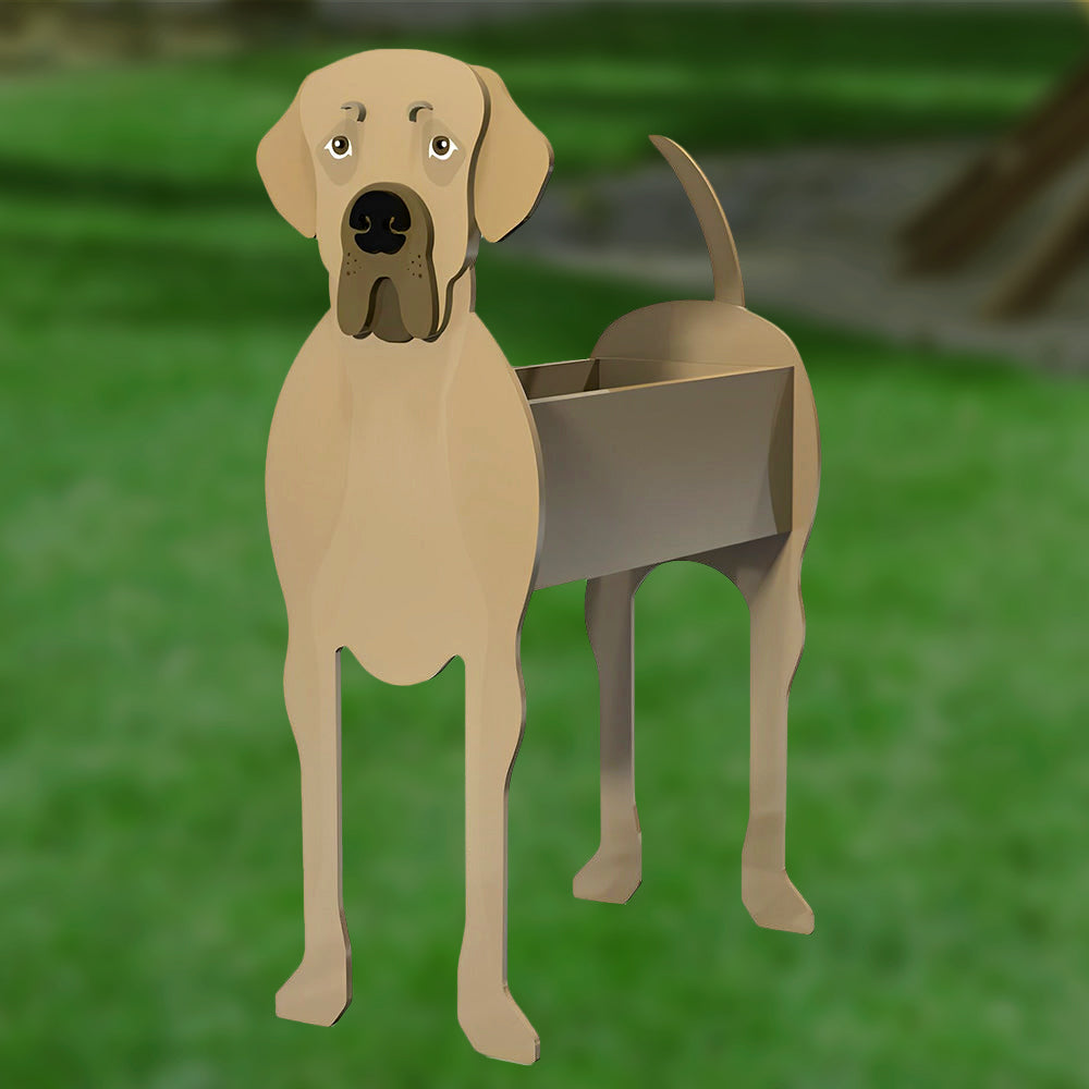 Great Dane dog planter filled with fresh flowers is placed in the garden.