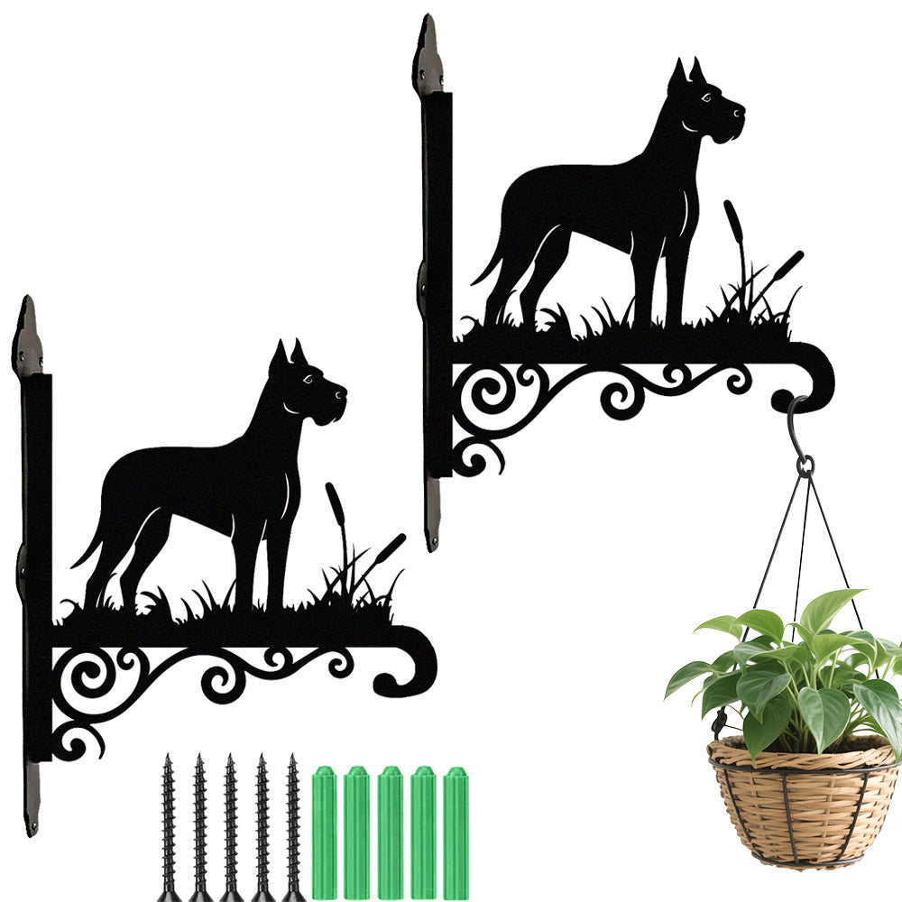 Great dane metal hanging basket bracket mounted on outdoor wall for plant decoration