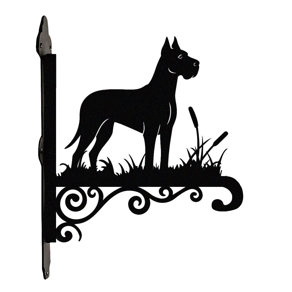 Great dane metal hanging basket bracket mounted on outdoor wall for plant decoration