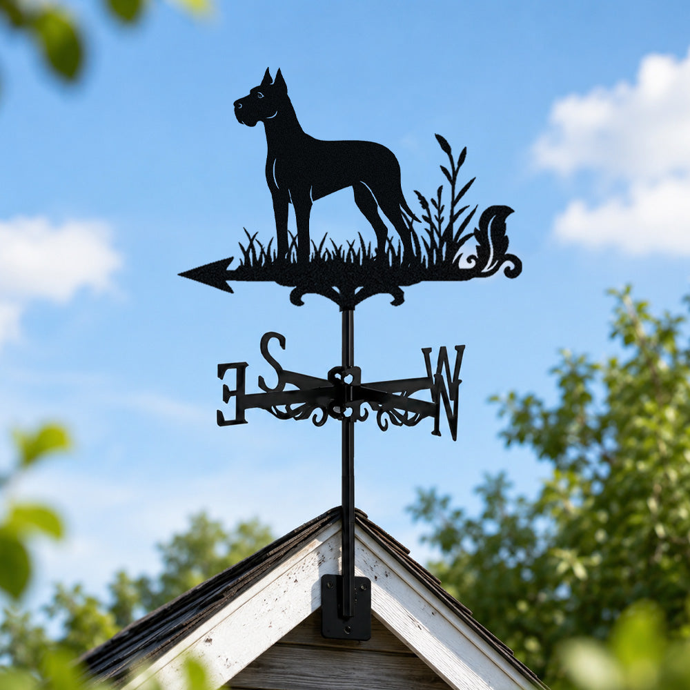 Great Dane metal weather vane with directional arrows and mounting rod, outdoor roof and garden decoration