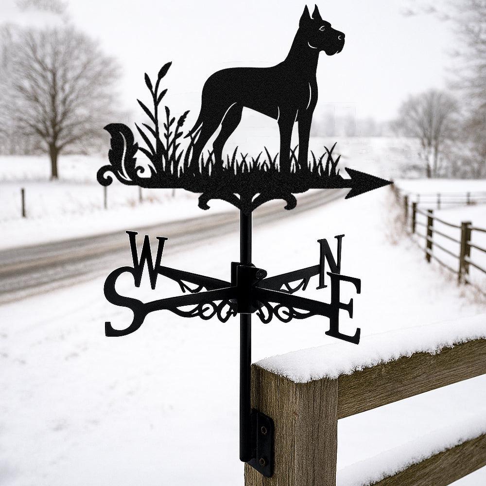 Great Dane metal weather vane with directional arrows and mounting rod, outdoor roof and garden decoration