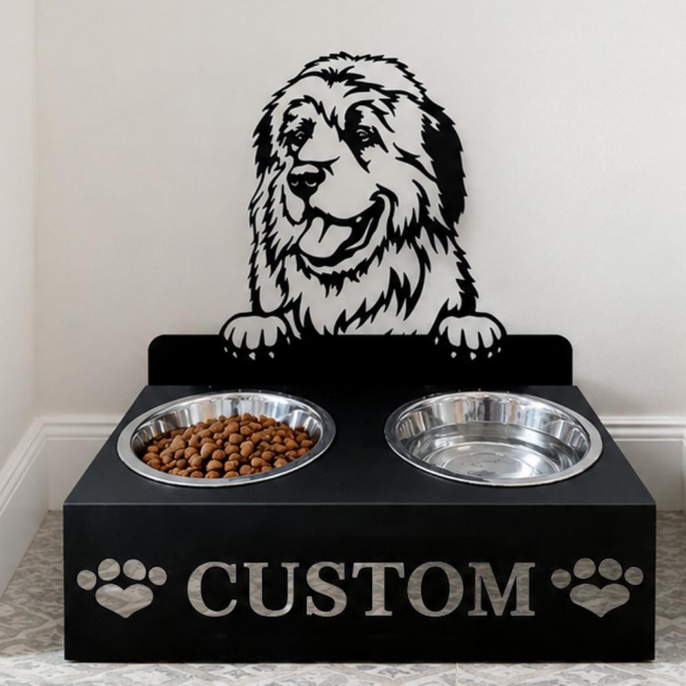 Personalized great pyrenees dog metal dog bowl stand with custom name cutout and two removable feeding bowls