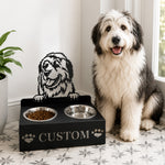 Personalized great pyrenees dog metal dog bowl stand with custom name cutout and two removable feeding bowls