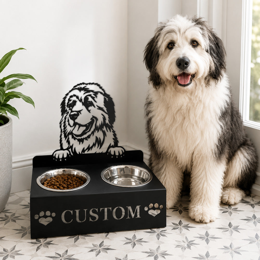 Personalized great pyrenees dog metal dog bowl stand with custom name cutout and two removable feeding bowls