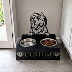 Personalized great pyrenees dog metal dog bowl stand with custom name cutout and two removable feeding bowls