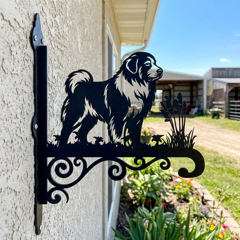 Great pyrenees metal hanging basket bracket mounted on outdoor wall for plant decoration
