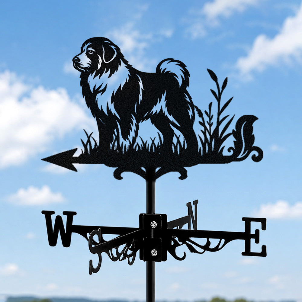 Great Pyrenees metal weather vane with directional arrows and mounting rod, outdoor roof and garden decoration