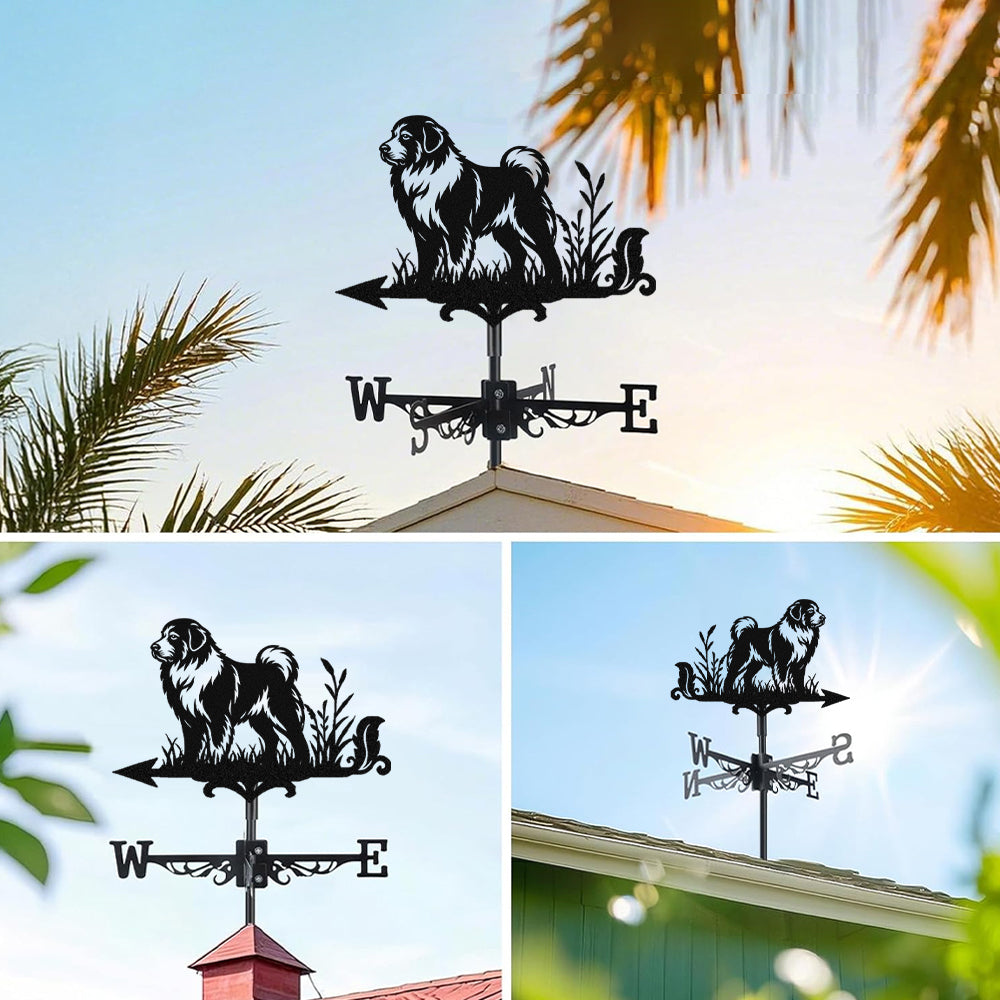 Great Pyrenees metal weather vane with directional arrows and mounting rod, outdoor roof and garden decoration