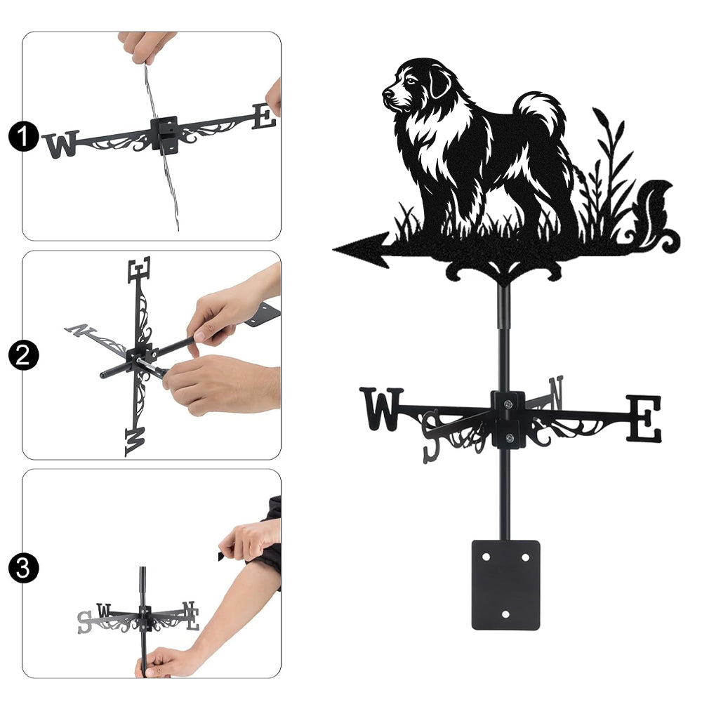 Great Pyrenees metal weather vane with directional arrows and mounting rod, outdoor roof and garden decoration