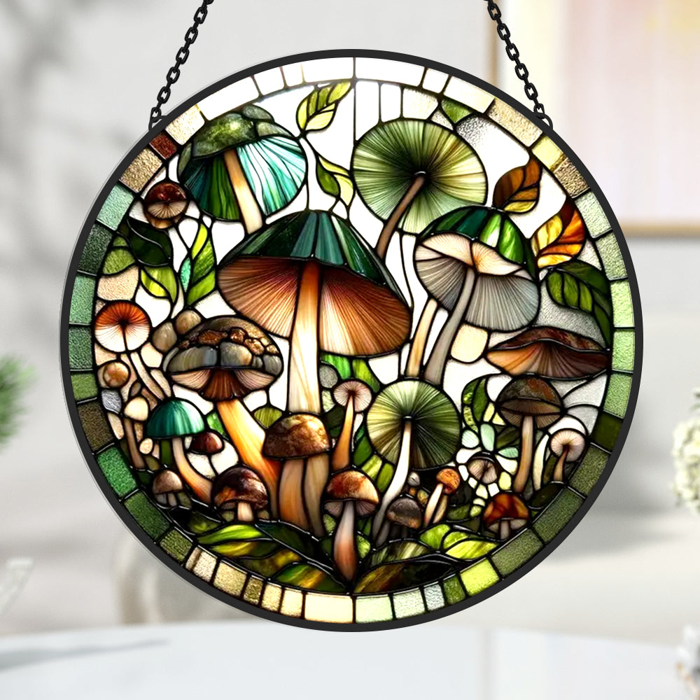 Green forest mushroom stained glass suncatcher window hanging, suitable for home and garden decoration