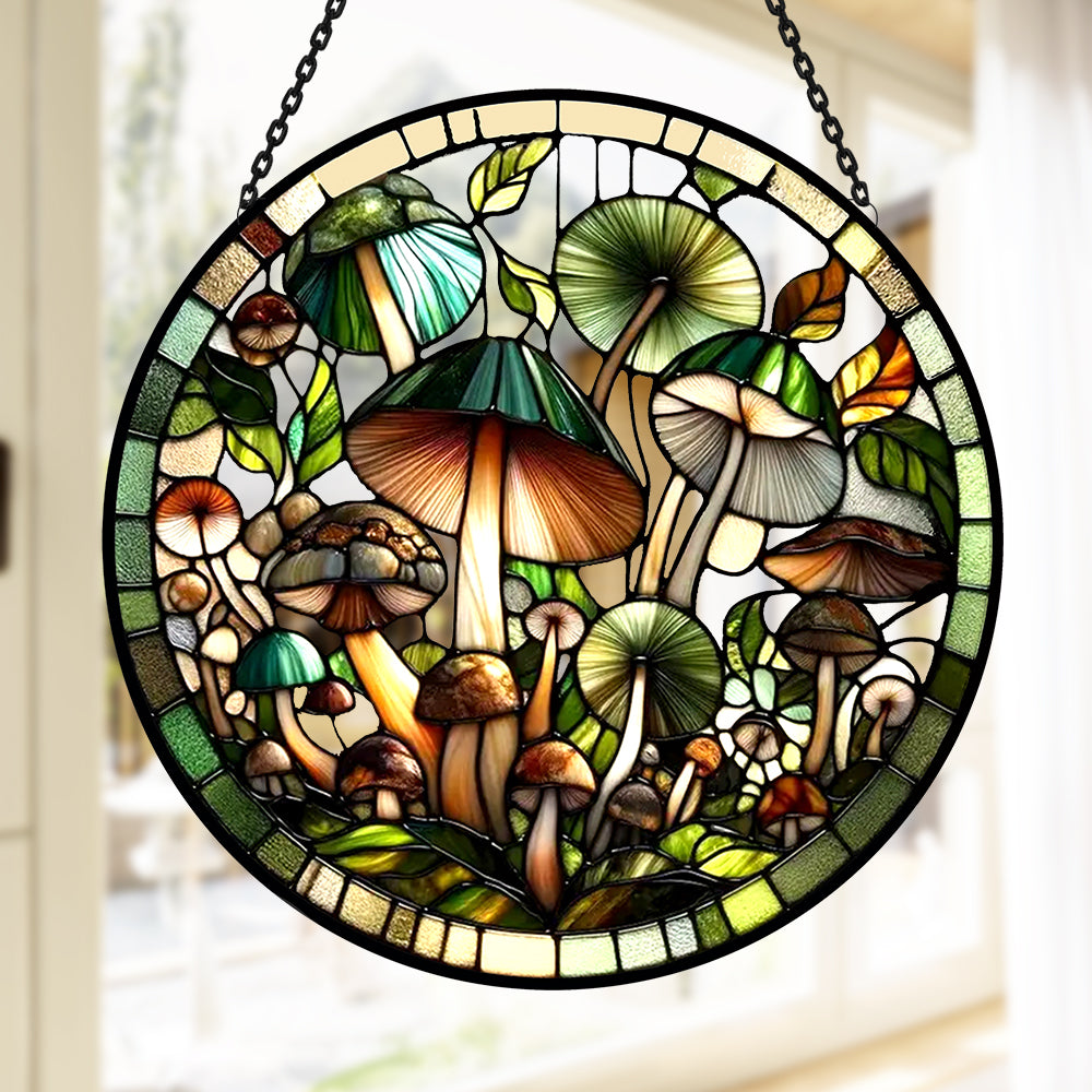 Green forest mushroom stained glass suncatcher window hanging, suitable for home and garden decoration