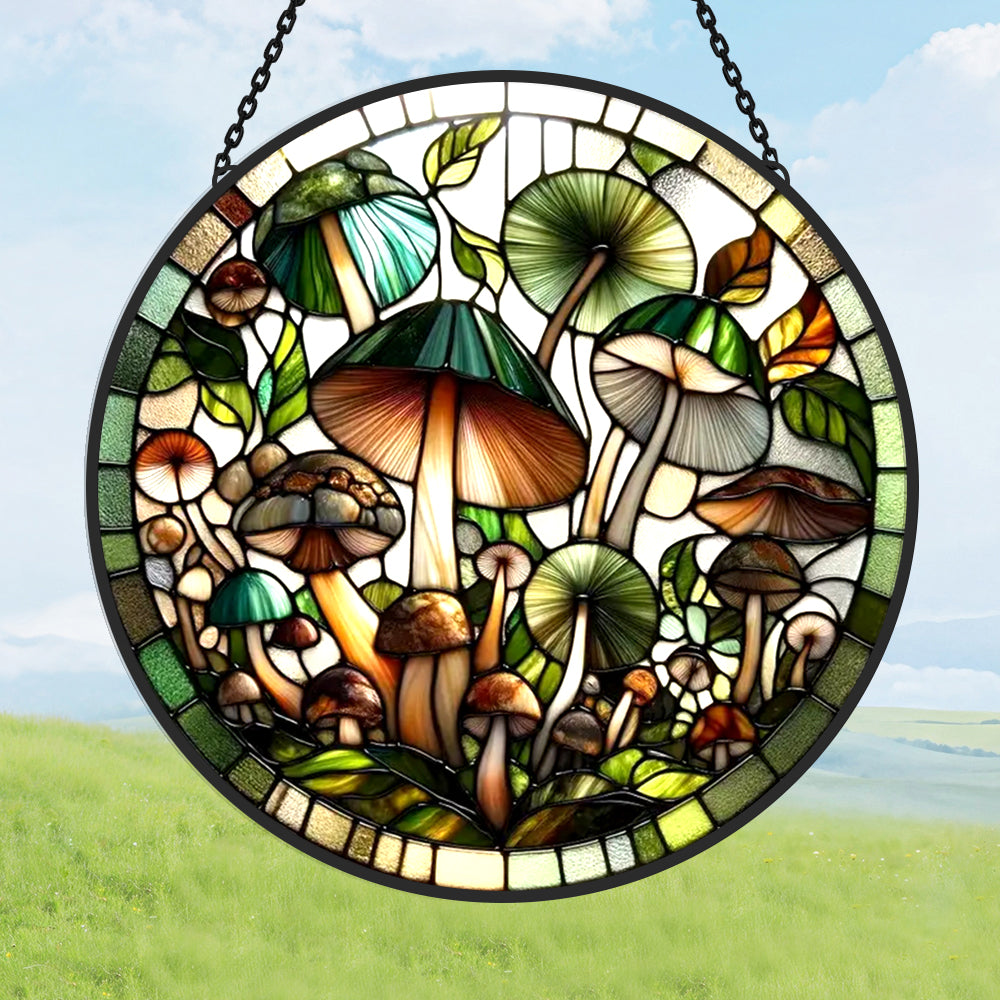 Green forest mushroom stained glass suncatcher window hanging, suitable for home and garden decoration